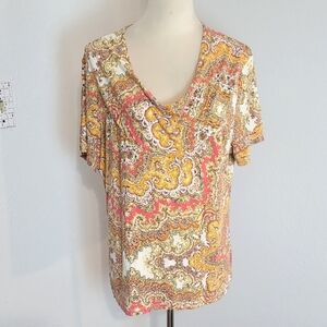 Jaclyn Smith Orange & Yellow Paisley Short Sleeve Top with Cowl Neck, Size XL